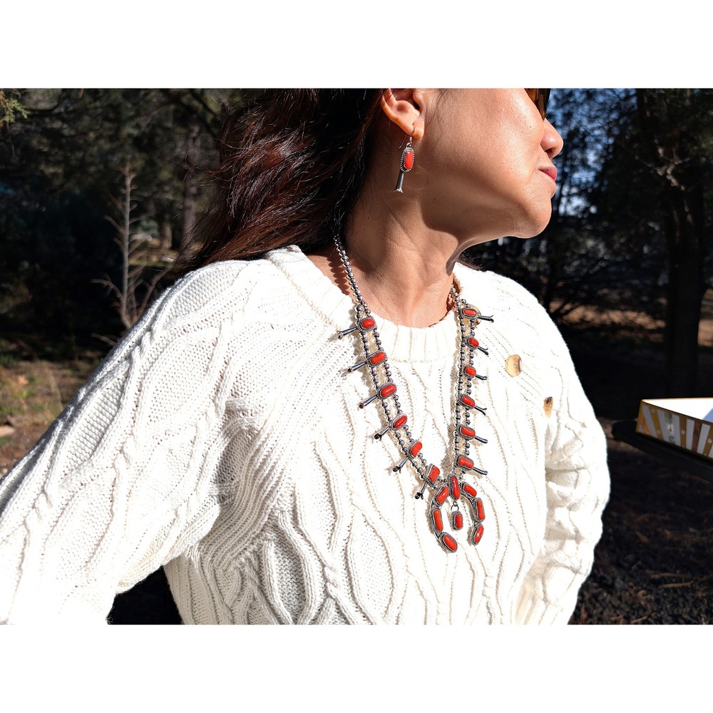 Native Am Coral Squash Blossom Naja Navajo Pearls Necklace‎ Earring Set Jewelry*